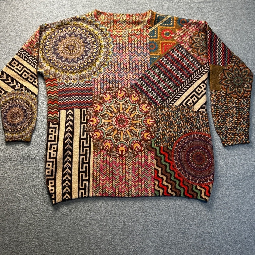 Sweater Womens 2X Boho Patchwork Mandala Geometric Multicolor Knit Top